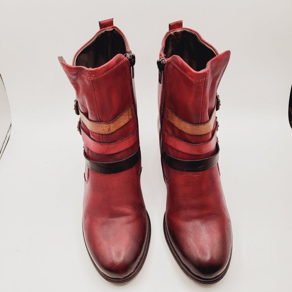 Remonte Red Leather Burnished Toe Tri-Colored Straps 2" Heel Artistic Boot Sz 37 - Picture 4 of 14